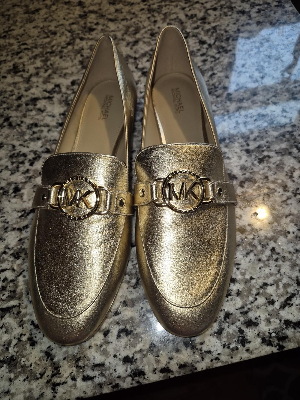 Michael Kors Gold Metallic MK Logo Loafers